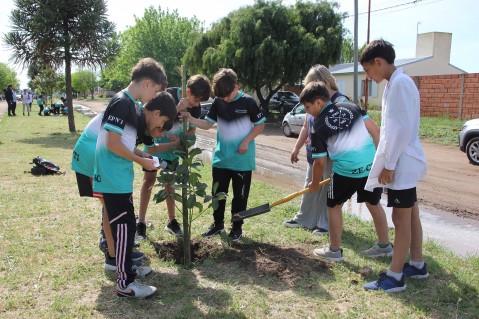 Alumnos de primaria plantaron árboles en la calle Venezuela