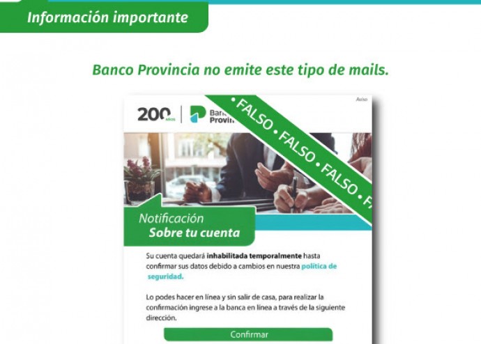Banco Provincia advierte sobre estafas por correo electrónico